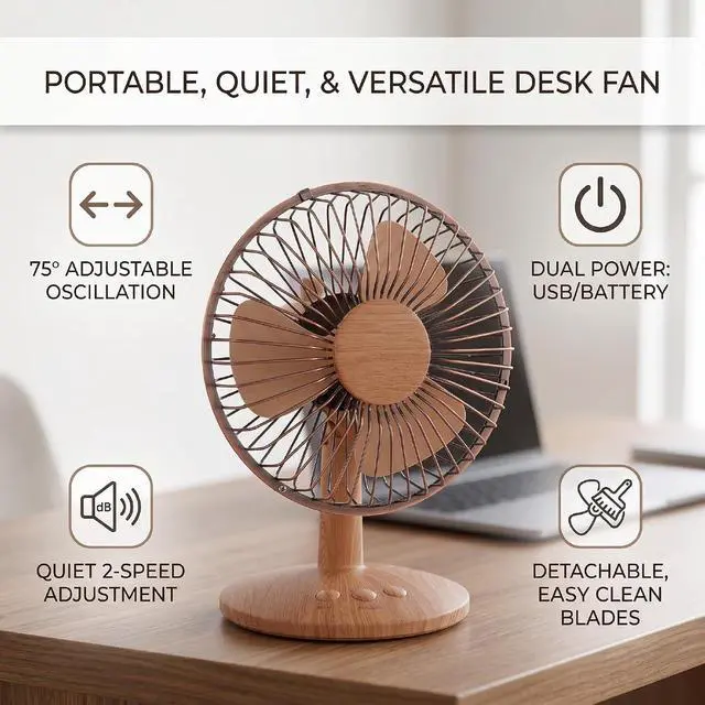 Alt view image 5 of 7 - USB Small Desk Fan Battery Operated Fan Cordless Portable 2 Speed Quiet Oscillating with Removable Blades Wood Grain for Home Office Camping Travel