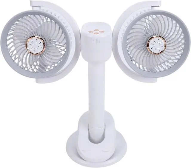 Main image of Dual Head On Fan, Rechargeable 2400mAh Battery Portable Desk Fan with LED Light, 360 Rotation 4 Speed Adjustable for Bedroom Office Camping Travel