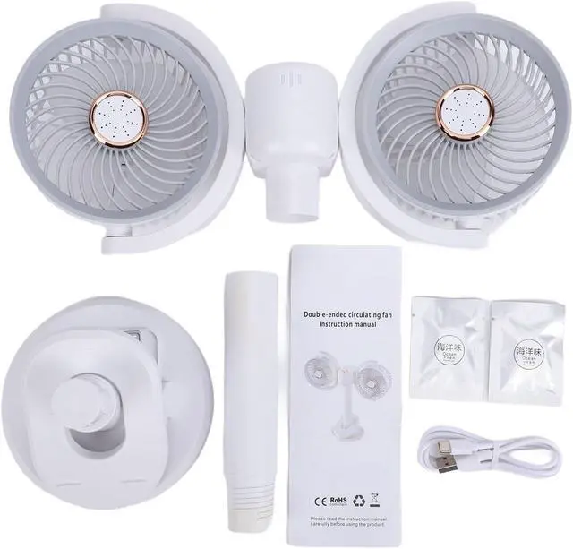 Alt view image 6 of 7 - Dual Head On Fan, Rechargeable 2400mAh Battery Portable Desk Fan with LED Light, 360 Rotation 4 Speed Adjustable for Bedroom Office Camping Travel