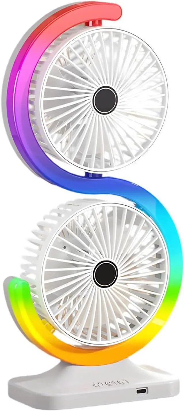 Main image of Two Head USB Desk Fan with 5 Levels and 9 Color adjustments for Home Work Gaming Space