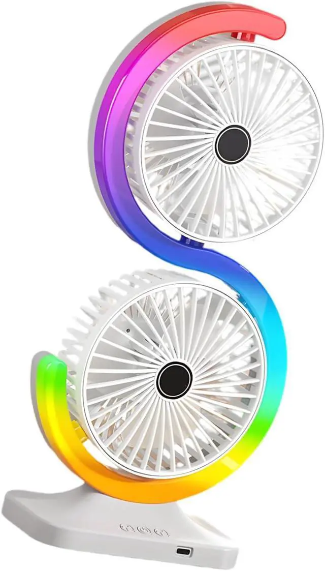 Alt view image 3 of 7 - Two Head USB Desk Fan with 5 Levels and 9 Color adjustments for Home Work Gaming Space