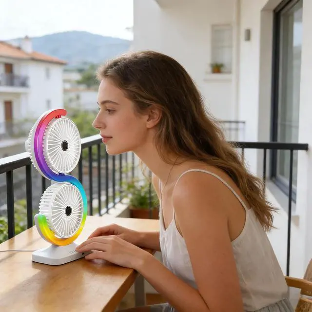 Alt view image 2 of 7 - Two Head USB Desk Fan with 5 Levels and 9 Color adjustments for Home Work Gaming Space
