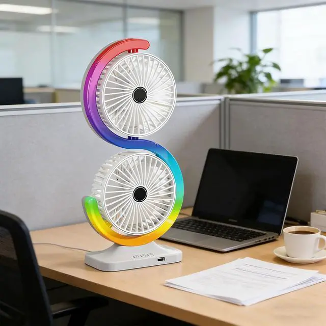 Alt view image 4 of 7 - Two Head USB Desk Fan with 5 Levels and 9 Color adjustments for Home Work Gaming Space