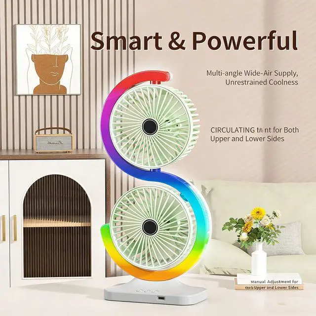 Alt view image 6 of 7 - Two Head USB Desk Fan with 5 Levels and 9 Color adjustments for Home Work Gaming Space