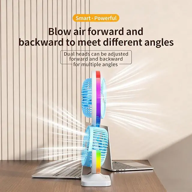 Alt view image 7 of 7 - Two Head USB Desk Fan with 5 Levels and 9 Color adjustments for Home Work Gaming Space