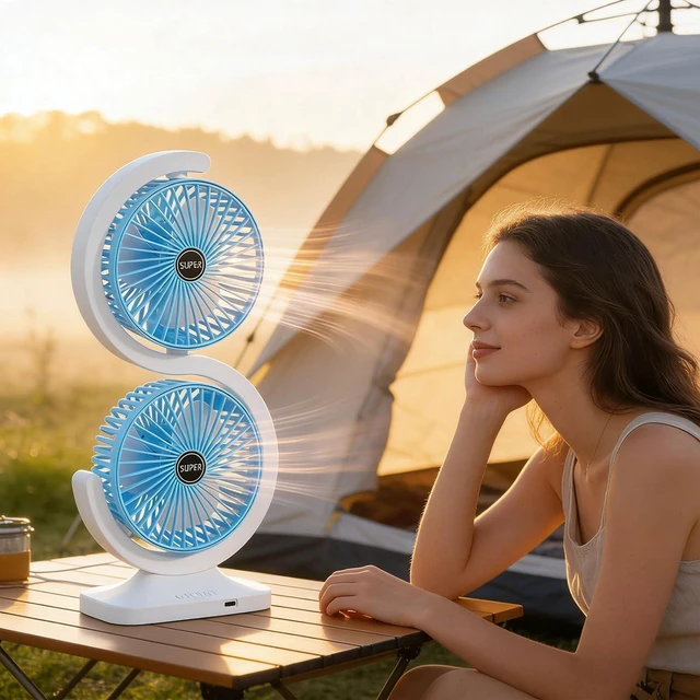 Alt view image 2 of 7 - Two Head USB Desk Fan with 5 Speed Settings 1800mAh Battery and Type C Charging for Home Working Area Use
