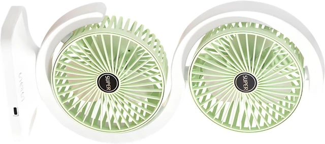 Main image of Two Head USB Desk Fan with 5 Speed Settings 1800mAh Battery and Type C Charging for Home Working Area Use