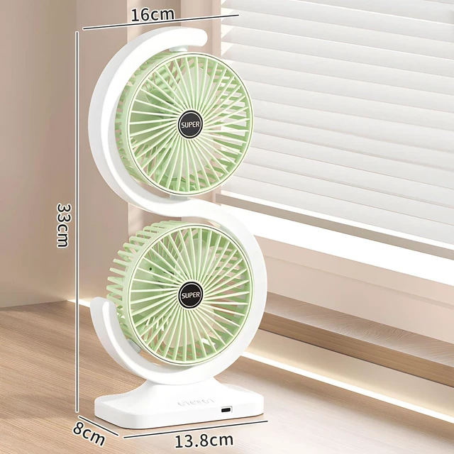 Alt view image 3 of 7 - Two Head USB Desk Fan with 5 Speed Settings 1800mAh Battery and Type C Charging for Home Working Area Use