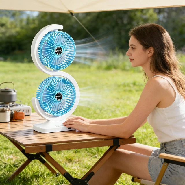 Alt view image 5 of 7 - Two Head USB Desk Fan with 5 Speed Settings 1800mAh Battery and Type C Charging for Home Working Area Use