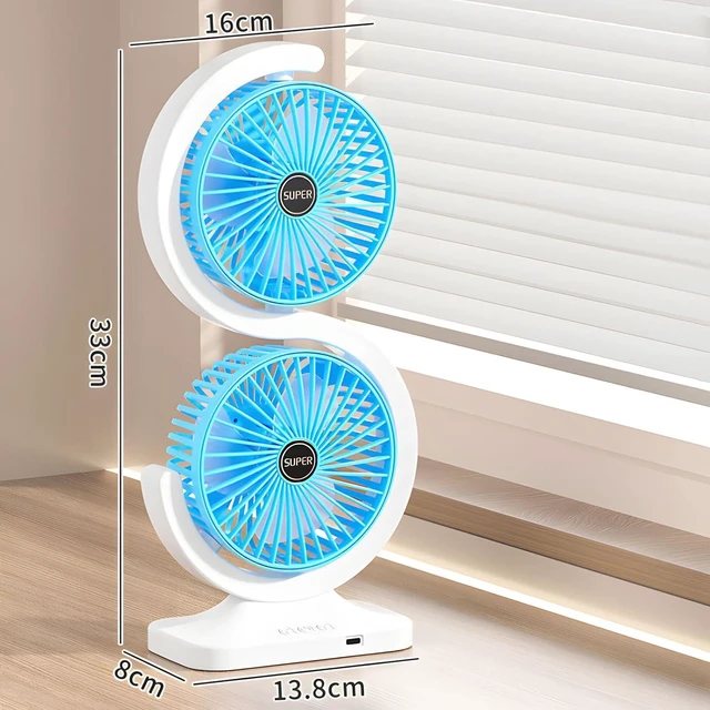 Alt view image 6 of 7 - Two Head USB Desk Fan with 5 Speed Settings 1800mAh Battery and Type C Charging for Home Working Area Use
