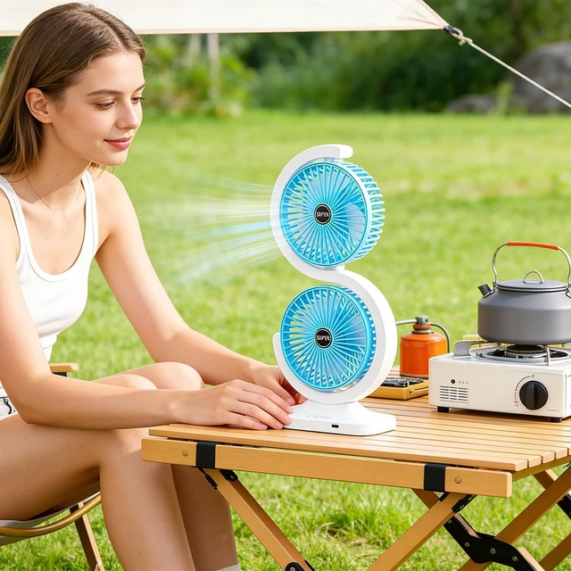 Alt view image 4 of 7 - Two Head USB Desk Fan with 5 Speed Settings 1800mAh Battery and Type C Charging for Home Working Area Use