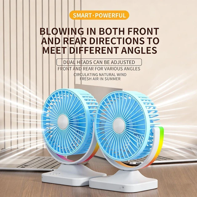 Alt view image 7 of 7 - Two Head USB Desk Fan with 5 Speed Settings 1800mAh Battery and Type C Charging for Home Working Area Use