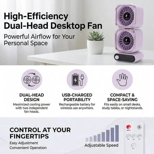 Alt view image 7 of 7 - Dpofirs Dual Head Table Fan, 100 Speed Adjustable Dual Motor Fan, 4000mAh USB Rechargeable for Bedroom Home Office Use