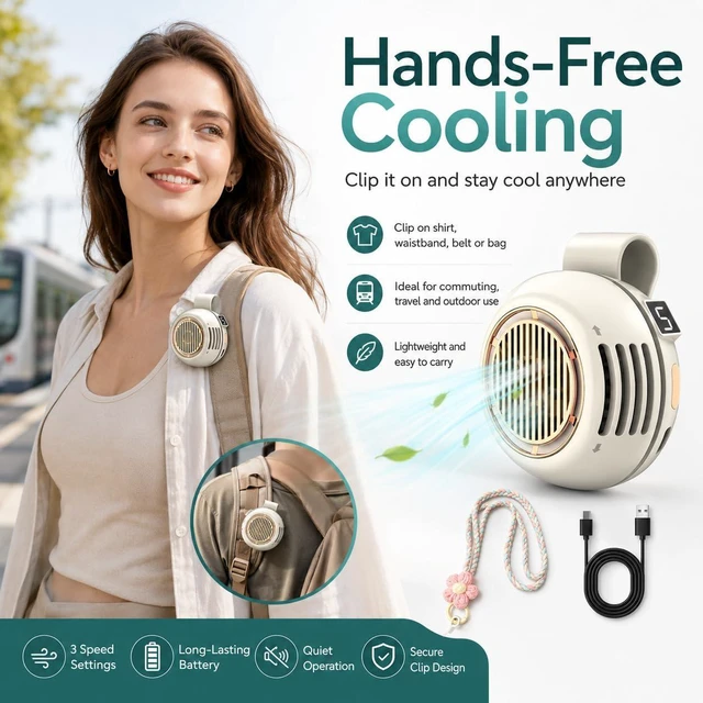 Alt view image 2 of 7 - Portable Mini Bladeless Fan Clip, USB Rechargeable Wearable Waist Fan with Digital Display, 3 Speed Silent Personal Cooling Fan, 360° Rotatable 5 Speeds for Travel Office Commuting Hiking (#B*2)