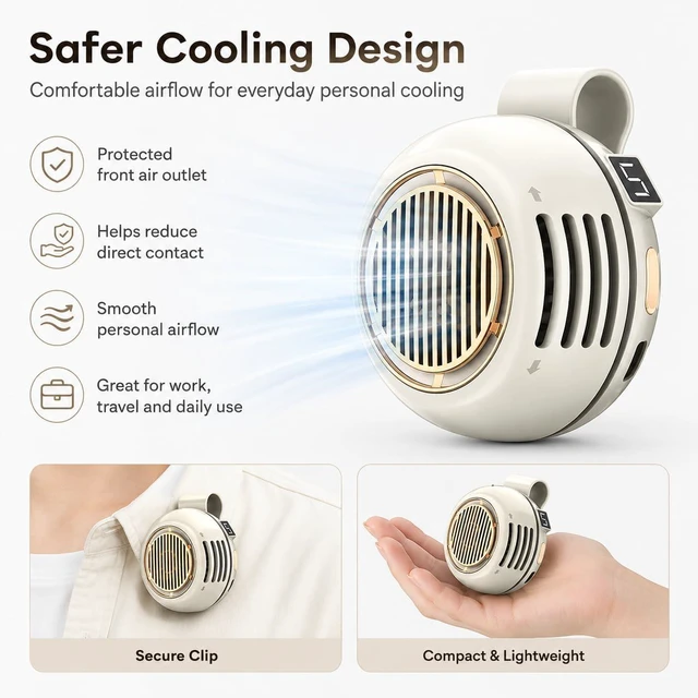 Alt view image 3 of 7 - Portable Mini Bladeless Fan Clip, USB Rechargeable Wearable Waist Fan with Digital Display, 3 Speed Silent Personal Cooling Fan, 360° Rotatable 5 Speeds for Travel Office Commuting Hiking (#B*2)