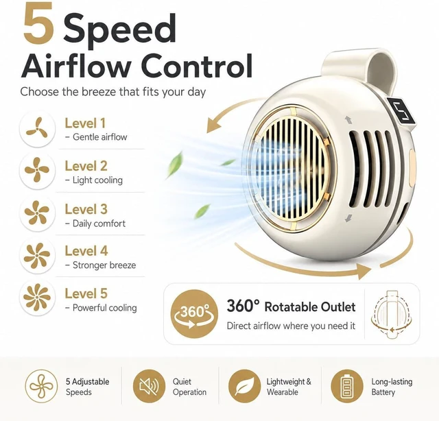 Alt view image 4 of 7 - Portable Mini Bladeless Fan Clip, USB Rechargeable Wearable Waist Fan with Digital Display, 3 Speed Silent Personal Cooling Fan, 360° Rotatable 5 Speeds for Travel Office Commuting Hiking (#B*2)
