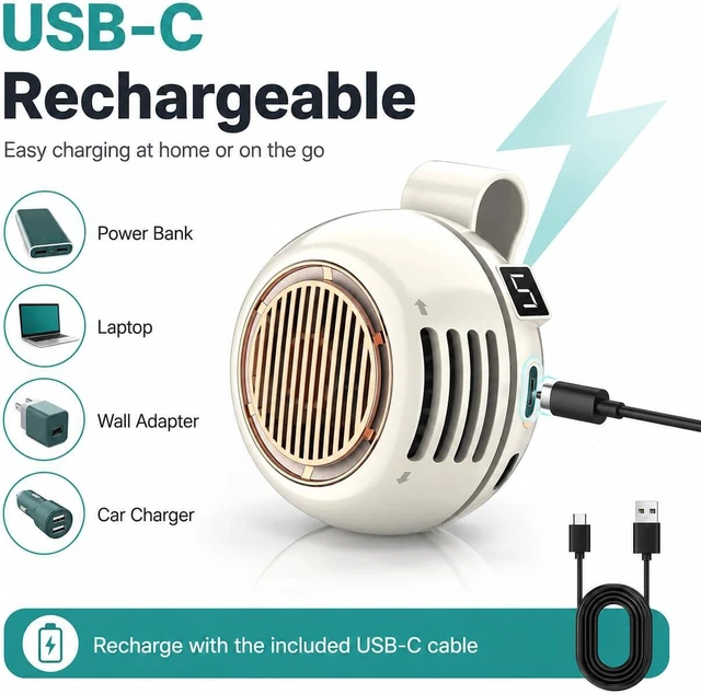 Alt view image 5 of 7 - Portable Mini Bladeless Fan Clip, USB Rechargeable Wearable Waist Fan with Digital Display, 3 Speed Silent Personal Cooling Fan, 360° Rotatable 5 Speeds for Travel Office Commuting Hiking (#B*2)