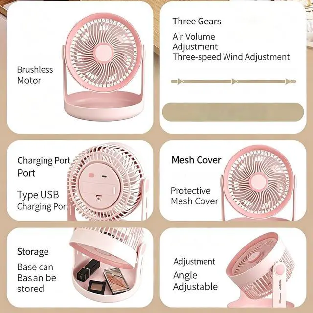 Alt view image 4 of 7 - Compact Portable Desktop Electric Fan with Storage Base 3 Speed Adjustable USB Rechargeable Fan for Dorm Offices Travel
