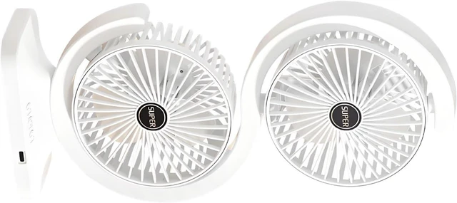 Main image of Two Head USB Desk Fan with 5 Speed Settings 1800mAh Battery and Type C Charging for Home Working Area Use