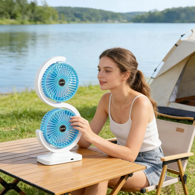 Alt view image 3 of 7 - Two Head USB Desk Fan with 5 Speed Settings 1800mAh Battery and Type C Charging for Home Working Area Use