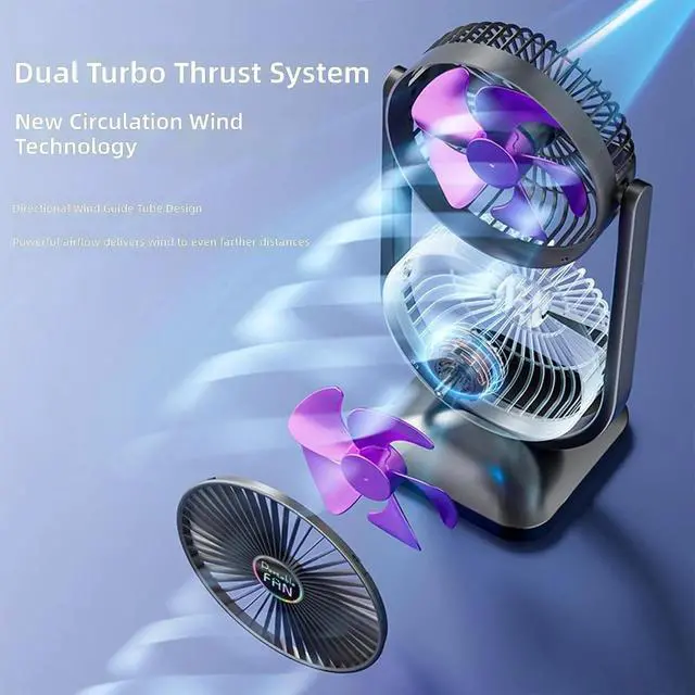 Alt view image 3 of 7 - Two Head Table Fan with USB Rechargeable Battery 3 Settings Portable for Home Activity Journey