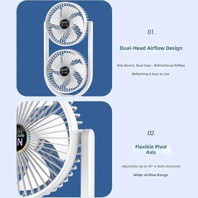 Alt view image 4 of 7 - Two Head Table Fan with USB Rechargeable Battery 3 Settings Portable for Home Activity Journey