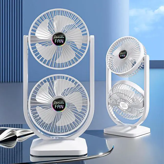 Alt view image 6 of 7 - Two Head Table Fan with USB Rechargeable Battery 3 Settings Portable for Home Activity Journey