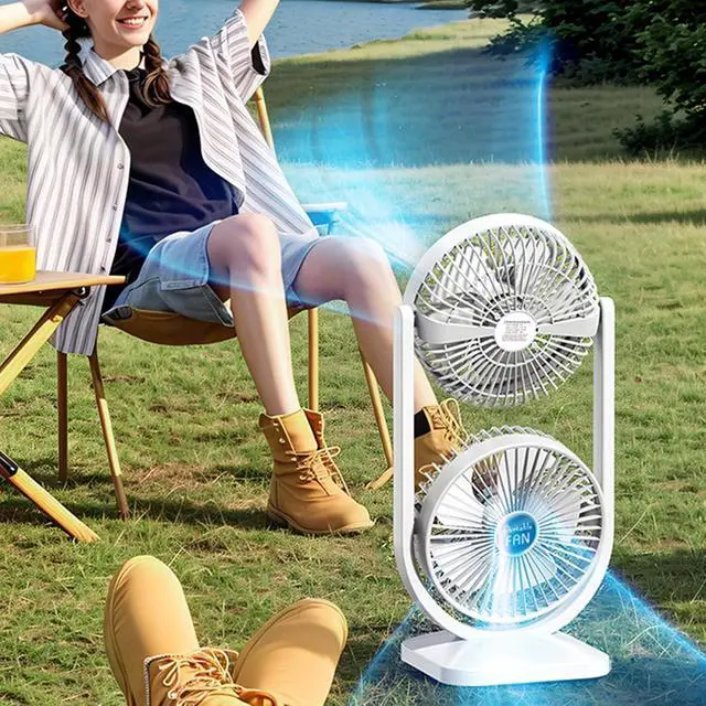 Alt view image 7 of 7 - Two Head Table Fan with USB Rechargeable Battery 3 Settings Portable for Home Activity Journey