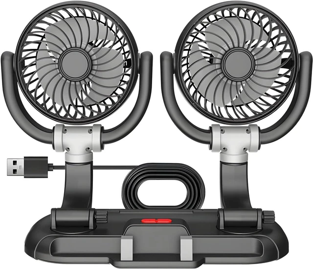 Main image of Twin Head Car Fan with Full Rotation and Built in Phone Holder for Dashboard Or Home Use USB Powered
