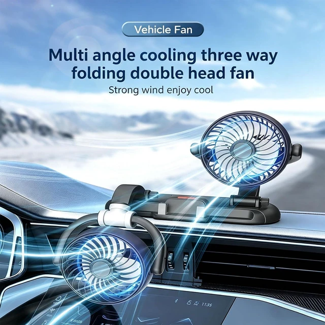 Alt view image 3 of 7 - Twin Head Car Fan with Full Rotation and Built in Phone Holder for Dashboard Or Home Use USB Powered