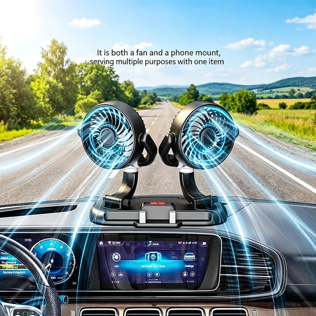 Alt view image 4 of 7 - Twin Head Car Fan with Full Rotation and Built in Phone Holder for Dashboard Or Home Use USB Powered
