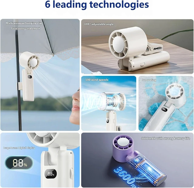 Alt view image 4 of 7 - Portable Handheld Fan Rechargeable High Speed with Digital Display Folding Desktop Fan