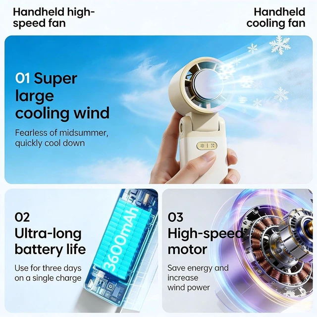 Alt view image 4 of 7 - Portable Foldable Fan Powerful Handheld Fan with Cold Compress 0-100 Speed USB Rechargeable Travel Camping Outdoor