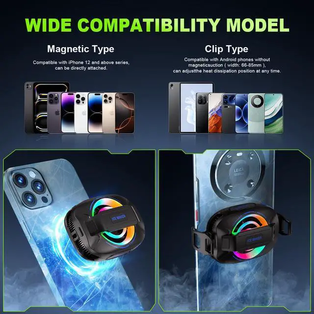 Alt view image 2 of 7 - Cell Phone Cooler for Gaming, Magnetic Portable Radiator with RGB Lights, 3000mAh Rechargeable Battery, Compatible with iPhone, iPad, Android