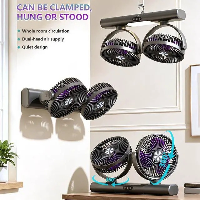 Alt view image 2 of 7 - Dual Head Desk Fan, 3-in-1 Rechargeable Portable Fan with 360° Rotatable, Quiet USB C Fan with LED Night Light, 3 Speed Wall Mount Personal Fan for Home Office Bedroom Car Camping