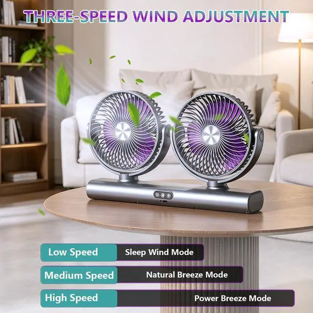 Alt view image 3 of 7 - Dual Head Desk Fan, 3-in-1 Rechargeable Portable Fan with 360° Rotatable, Quiet USB C Fan with LED Night Light, 3 Speed Wall Mount Personal Fan for Home Office Bedroom Car Camping