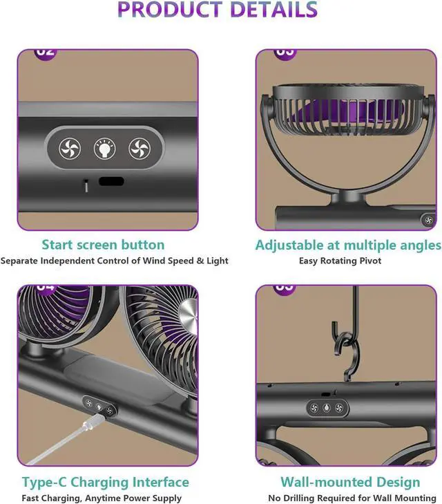 Alt view image 7 of 7 - Dual Head Desk Fan, 3-in-1 Rechargeable Portable Fan with 360° Rotatable, Quiet USB C Fan with LED Night Light, 3 Speed Wall Mount Personal Fan for Home Office Bedroom Car Camping