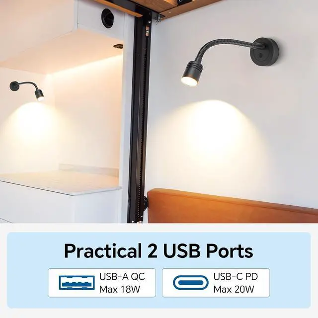 Alt view image 2 of 6 - 12V Dimmable Reading Light, RV LED Bedside Lamp with PD3.0 USB-C & QC3.0 USB-A Charger, 3200K Warm White & Red Night Light for Camper Van Trailer Truck Boat Motorhome (Black)