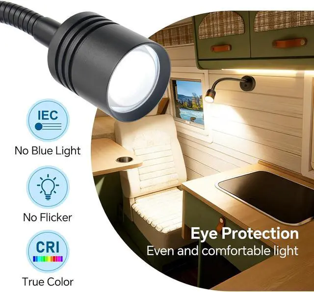 Alt view image 3 of 6 - 12V Dimmable Reading Light, RV LED Bedside Lamp with PD3.0 USB-C & QC3.0 USB-A Charger, 3200K Warm White & Red Night Light for Camper Van Trailer Truck Boat Motorhome (Black)