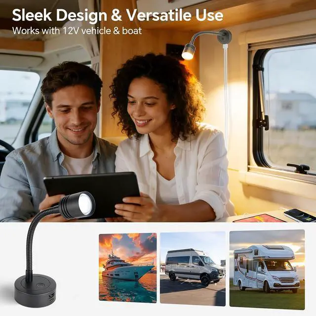 Alt view image 6 of 6 - 12V Dimmable Reading Light, RV LED Bedside Lamp with PD3.0 USB-C & QC3.0 USB-A Charger, 3200K Warm White & Red Night Light for Camper Van Trailer Truck Boat Motorhome (Black)