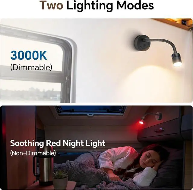 Main image of 12V Dimmable Reading Light, RV LED Bedside Lamp with PD3.0 USB-C & QC3.0 USB-A Charger, 3200K Warm White & Red Night Light for Camper Van Trailer Truck Boat Motorhome (Black)