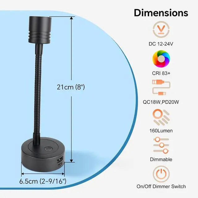 Alt view image 4 of 6 - 12V Dimmable Reading Light, RV LED Bedside Lamp with PD3.0 USB-C & QC3.0 USB-A Charger, 3200K Warm White & Red Night Light for Camper Van Trailer Truck Boat Motorhome (Black)