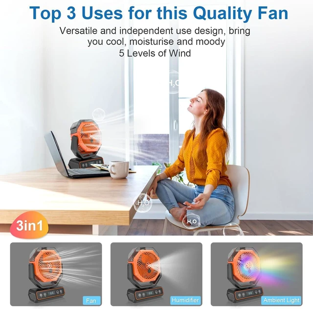 Main image of Rechargeable Rotating Misting Fan - Long Runtime Camping Fan w. 360mL Water Tank, RGB Color Changing Lights, USB Charger Output & Hanging Hook | Indoor Outdoor Cooling for Patio, Tent, Garden, Bedroom
