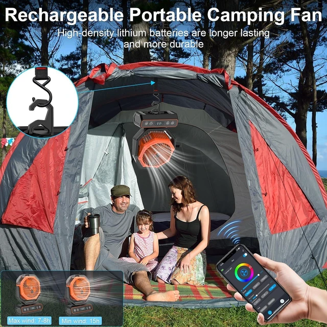 Alt view image 2 of 4 - Rechargeable Rotating Misting Fan - Long Runtime Camping Fan w. 360mL Water Tank, RGB Color Changing Lights, USB Charger Output & Hanging Hook | Indoor Outdoor Cooling for Patio, Tent, Garden, Bedroom