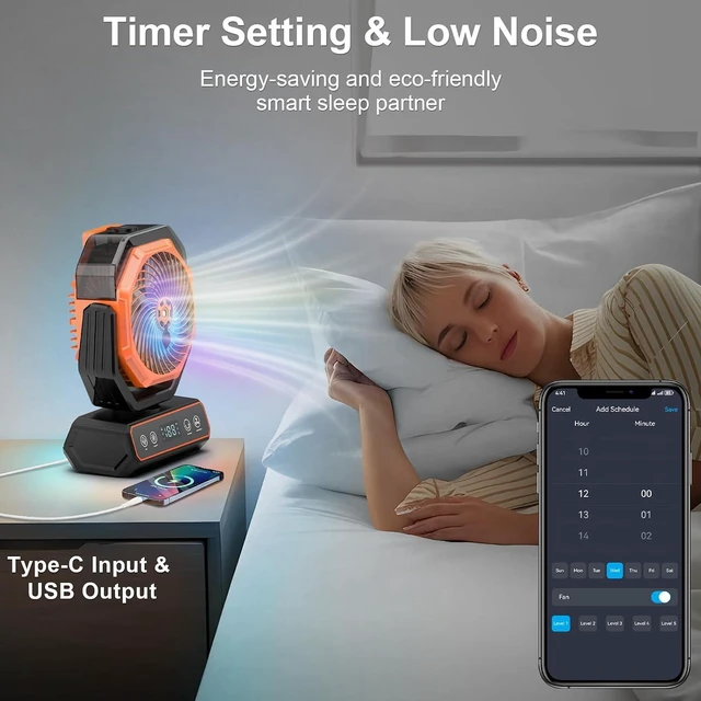 Alt view image 3 of 4 - Rechargeable Rotating Misting Fan - Long Runtime Camping Fan w. 360mL Water Tank, RGB Color Changing Lights, USB Charger Output & Hanging Hook | Indoor Outdoor Cooling for Patio, Tent, Garden, Bedroom