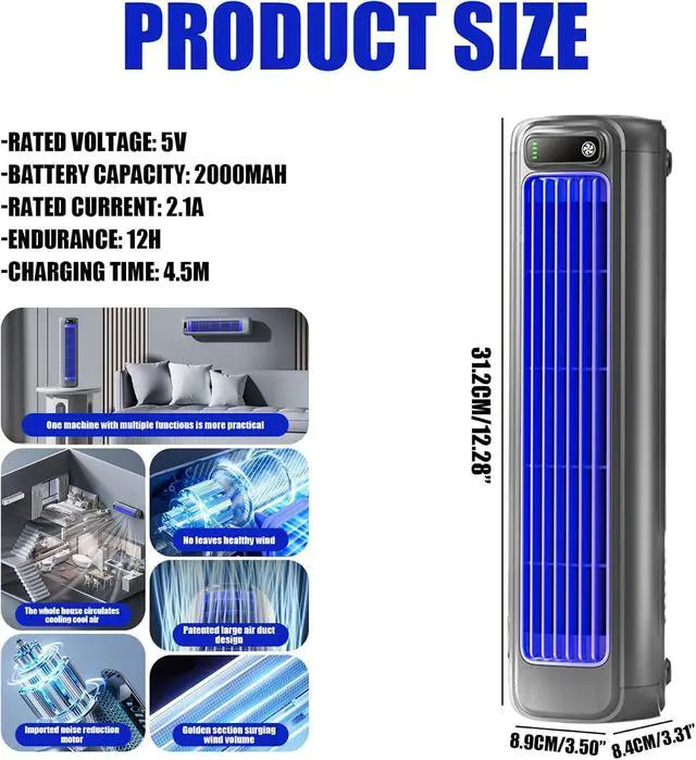 Alt view image 5 of 6 - Tower Fan, 12.3" Tower Fans Oscillating Quiet, 3 Speeds Cooling Fan for Room, Horizontal/Vertical Floor Fan, USB Bladeless Fan for Dormitory Office