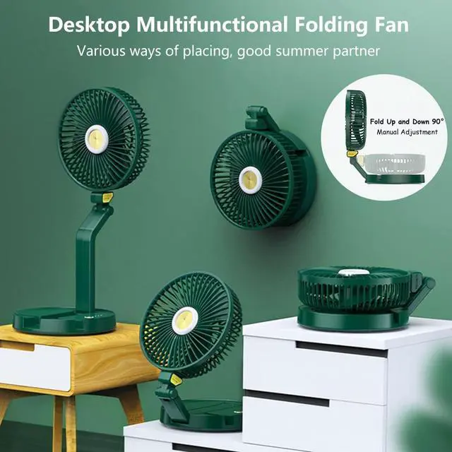Alt view image 2 of 7 - Desk Fan/Wall Mounted Fan Rechargeable USB Folding Fan, Portable Cooling Fans Adjustable Table Fan with 5200mAh Removable Battery & LED Light, 3-Speed Quiet, for Home Office Outdoor Travel White