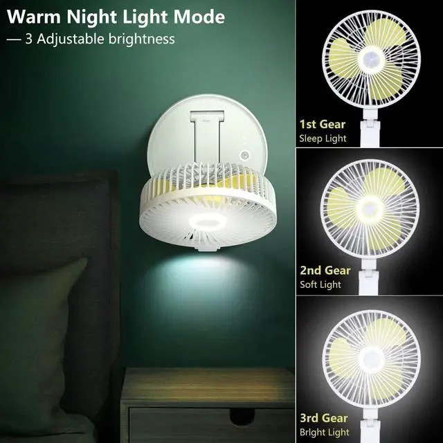 Alt view image 4 of 7 - Desk Fan/Wall Mounted Fan Rechargeable USB Folding Fan, Portable Cooling Fans Adjustable Table Fan with 5200mAh Removable Battery & LED Light, 3-Speed Quiet, for Home Office Outdoor Travel White