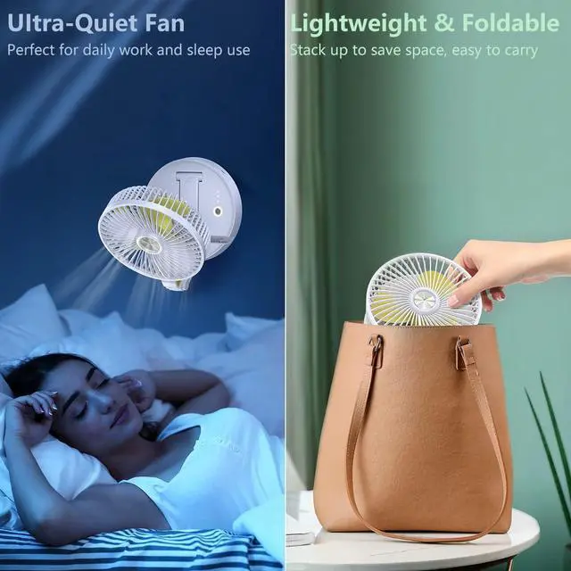 Alt view image 6 of 7 - Desk Fan/Wall Mounted Fan Rechargeable USB Folding Fan, Portable Cooling Fans Adjustable Table Fan with 5200mAh Removable Battery & LED Light, 3-Speed Quiet, for Home Office Outdoor Travel White