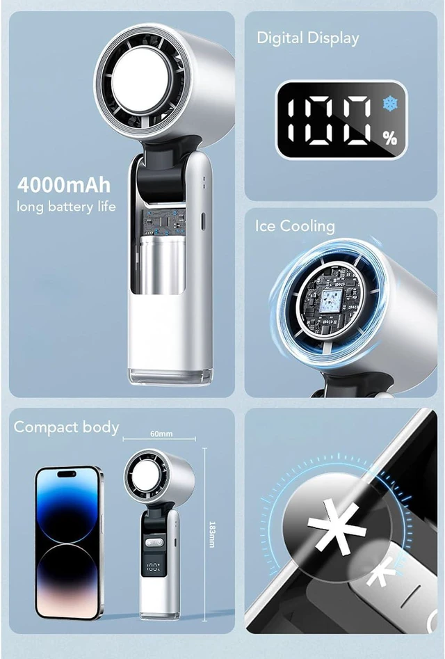 Alt view image 3 of 7 - Portable Handheld Fan, 5 Gear Wind Personal Cooling Fan, Digital Display, 4000mAh Battery Powerful High Speed Foldable Fan with Light for Outdoors, Travel, Home (White)